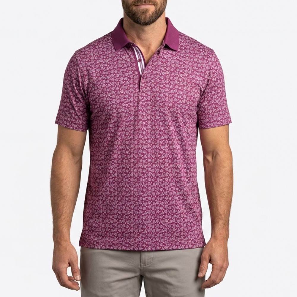 VRST Mens Contrast Printed Polo Shirt Black Cherry Roll Repeat Large NEW